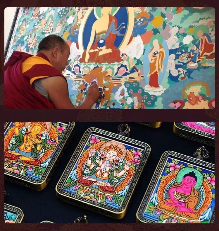 Regong Thangka painting process and Tibetan style jewelry pendants inspired by traditional Thangka art