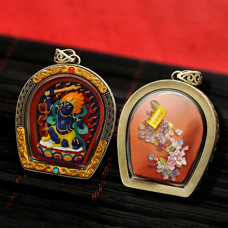 Front side of hand-painted Yellow Jambhala Thangka pendant with Jambhala Thangka artwork and lotus base.