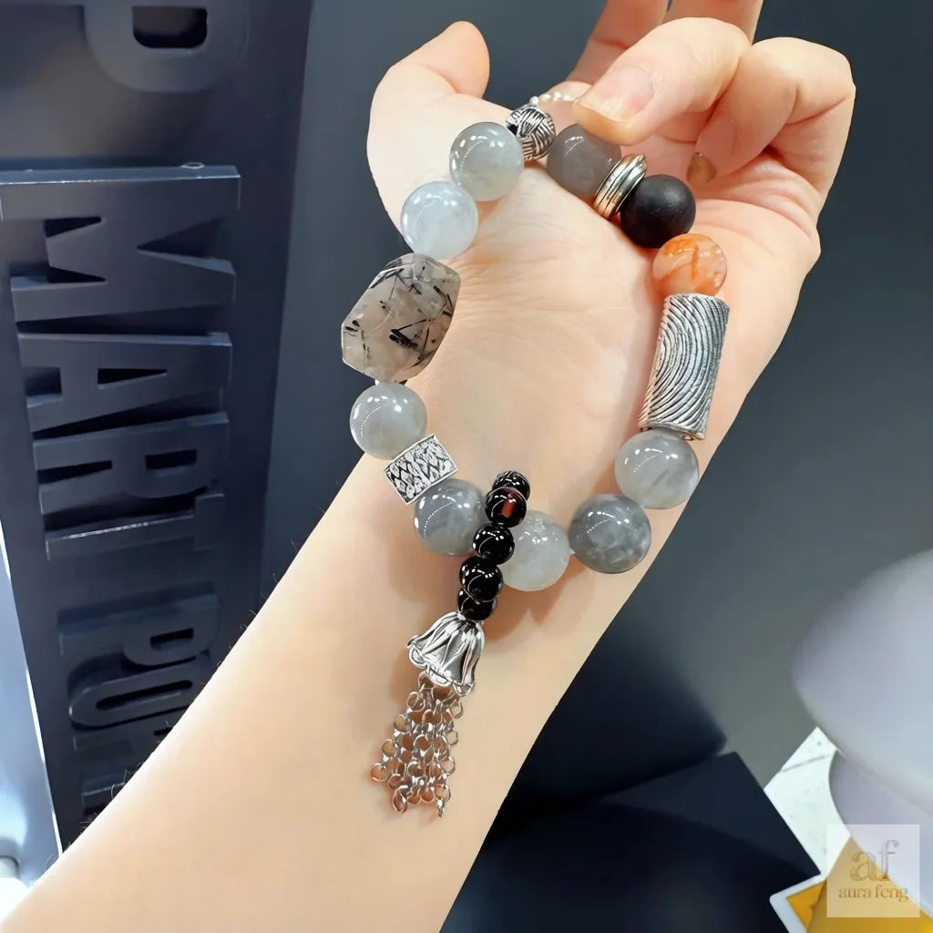 Black Phantom Cloud Crystal Bracelet with Tibetan Silver Tassel - Edgy Spiritual Jewelry