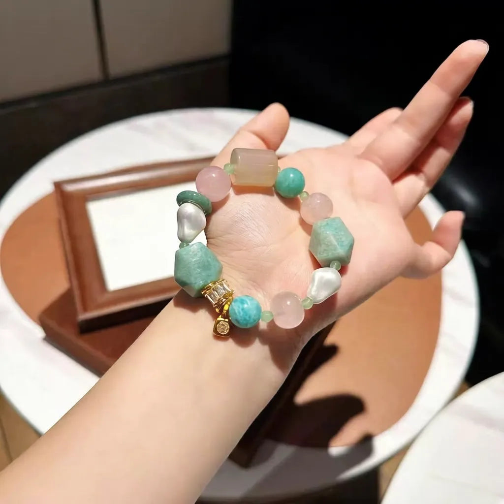 Green Fairy Stone Bracelet - Natural Amazonite & Cherry Blossom Rose Quartz
