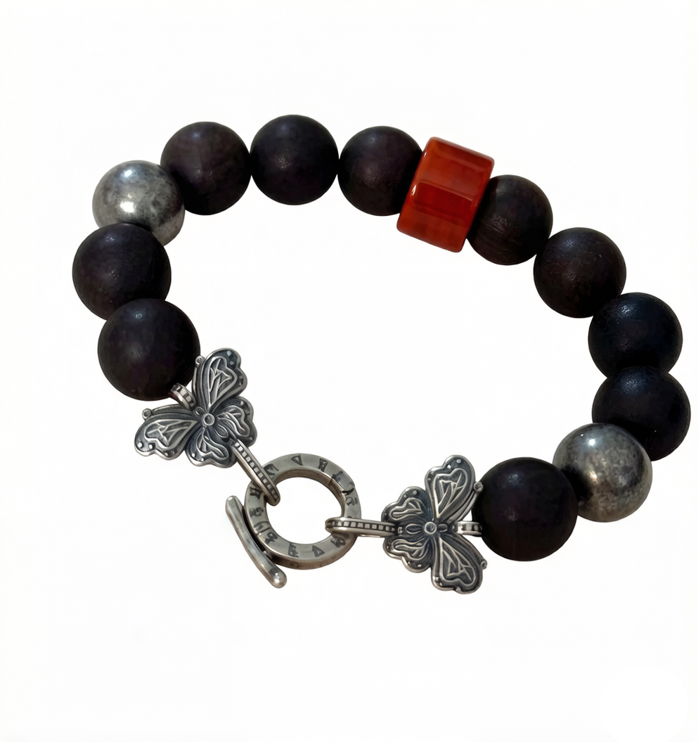 Vintage Tibetan Sandalwood Bracelet with 925 Silver Butterflies | Aura Feng