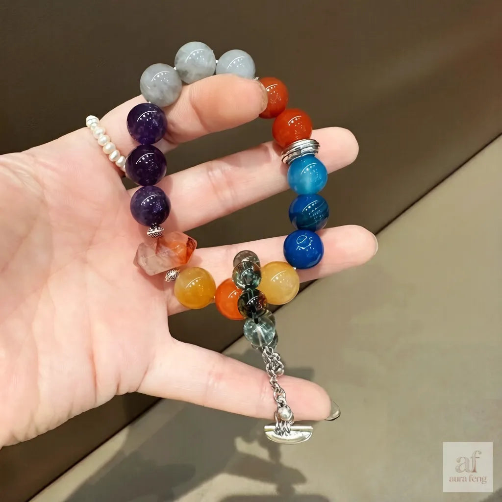 Color Block Phantom Quartz Bracelet - Tibetan Silver Tassel Amethyst Red Agate