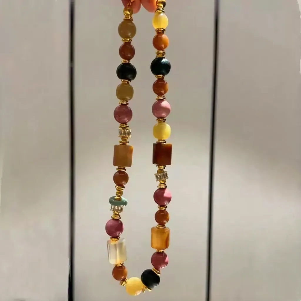 Natural Agate Red Rose Caramel Freeform Beaded Necklace - Boho Vintage