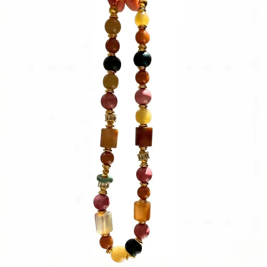 Natural Agate Red Rose Caramel Freeform Beaded Necklace - Boho Vintage