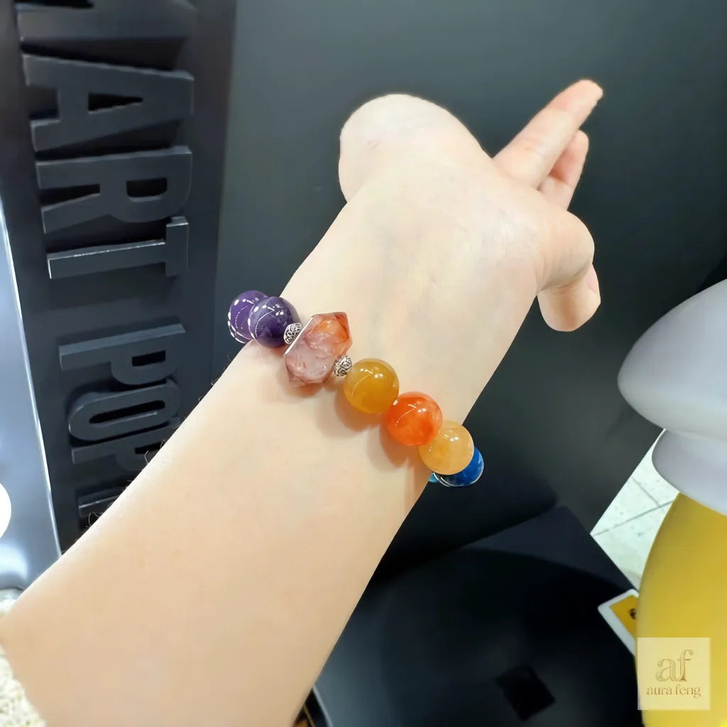 Color Block Phantom Quartz Bracelet - Tibetan Silver Tassel Amethyst Red Agate