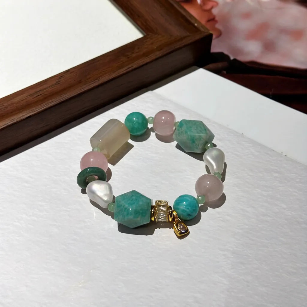 Green Fairy Stone Bracelet - Natural Amazonite & Cherry Blossom Rose Quartz