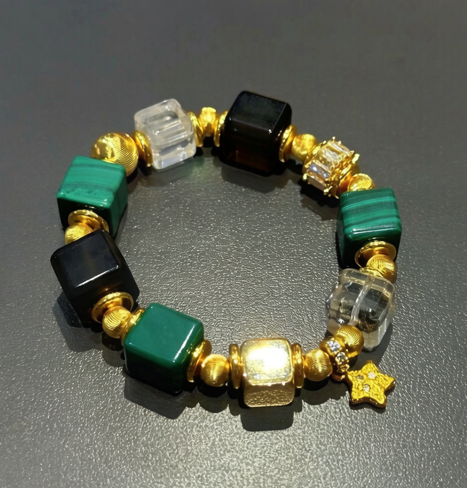 Natural White Crystal Malachite Sugar Cube Vintage Color Block Bracelet