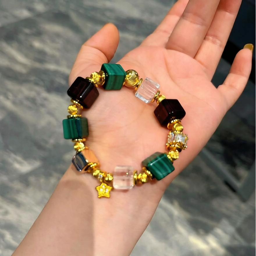 Natural White Crystal Malachite Sugar Cube Vintage Color Block Bracelet
