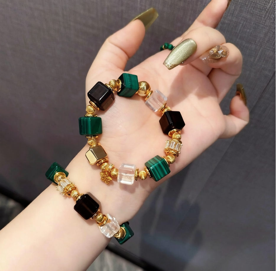 Natural White Crystal Malachite Sugar Cube Vintage Color Block Bracelet
