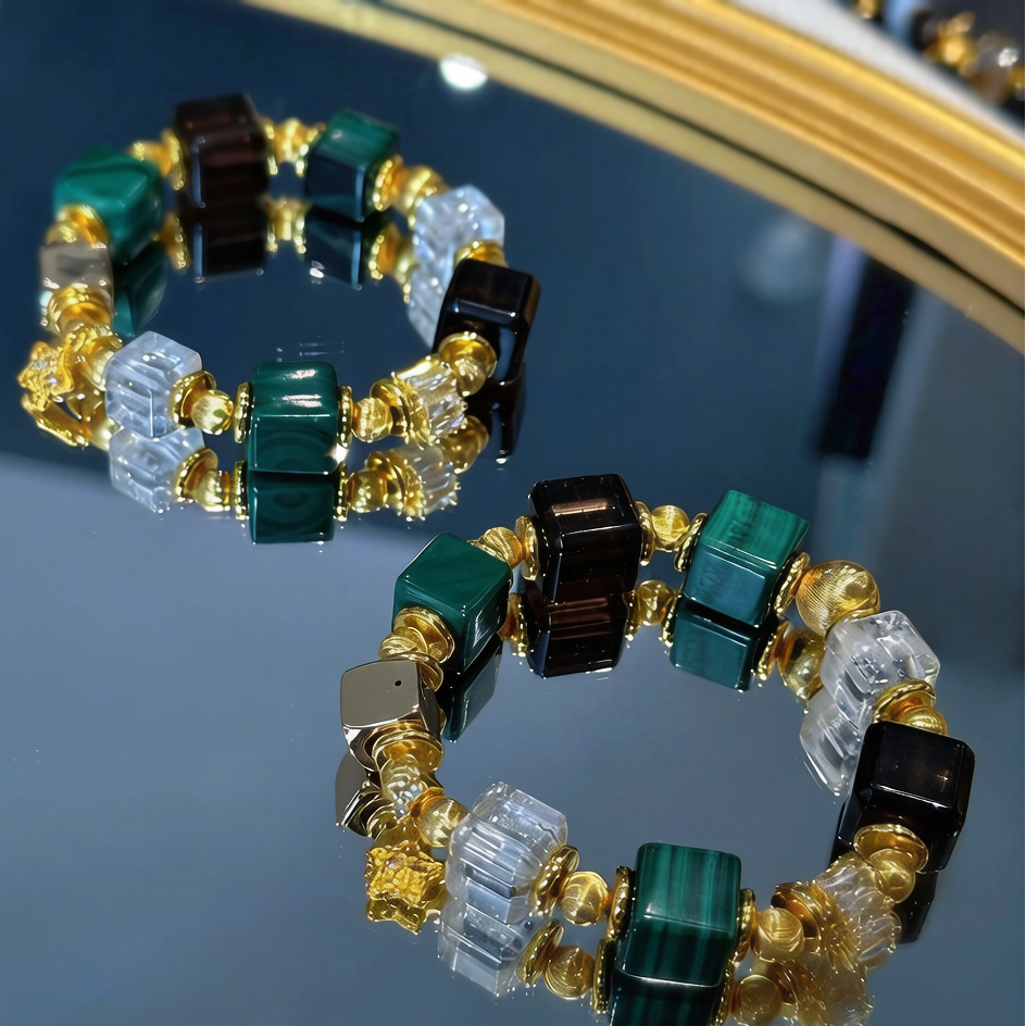 Natural White Crystal Malachite Sugar Cube Vintage Color Block Bracelet