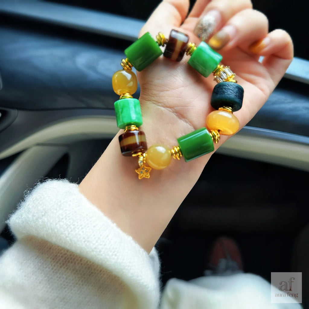 Agate & Green Jade Natural Stone Barrel Bead Bracelet - Vintage Chinese Style