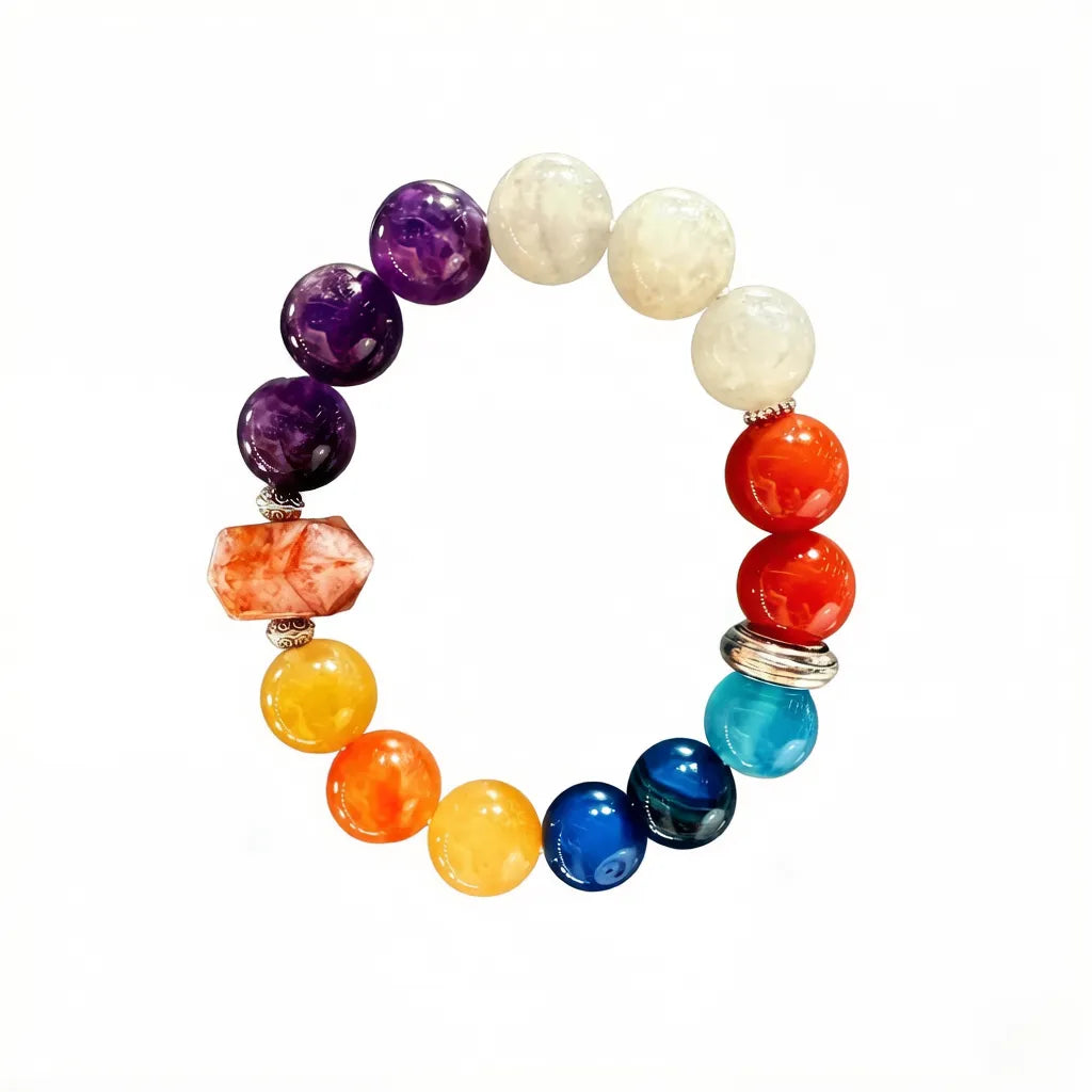 Color Block Phantom Quartz Bracelet - Tibetan Silver Tassel Amethyst Red Agate