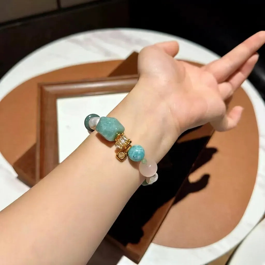Green Fairy Stone Bracelet - Natural Amazonite & Cherry Blossom Rose Quartz
