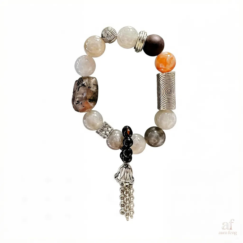 Black Phantom Cloud Crystal Bracelet with Tibetan Silver Tassel - Edgy Spiritual Jewelry