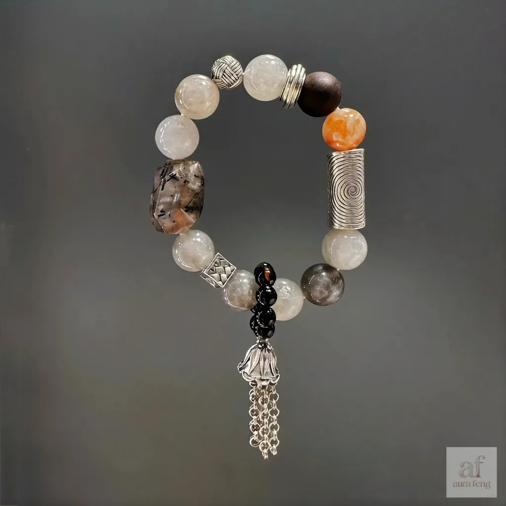 Black Phantom Cloud Crystal Bracelet with Tibetan Silver Tassel - Edgy Spiritual Jewelry