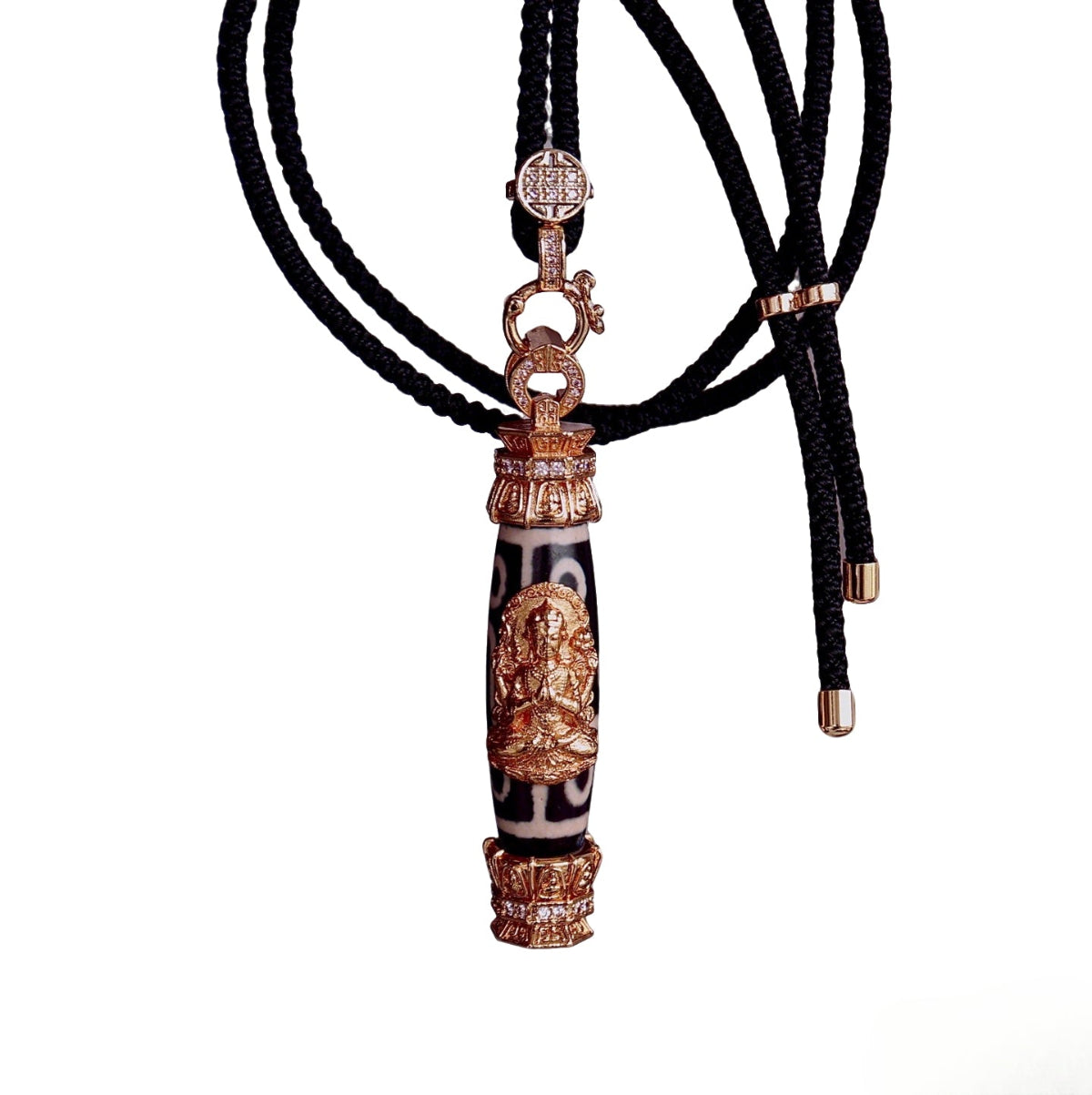 Nine eyed Tibetan dzi bead pendant with Four-Armed Chenrezig for protection and prosperity