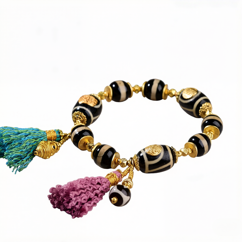 Aurafeng 925 Silver Tiger Tooth Dzi Bead Bracelet with hand-woven ethnic tassel