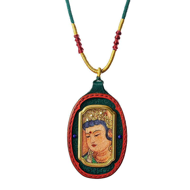 Aura Feng Hand-Painted Tibetan Thangka Gau Box Necklace, Buddhist Amulet