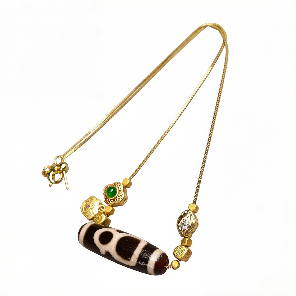 Aurafeng Natural Agate Wealth God Dzi Bead Necklace with gold chain and emerald accents