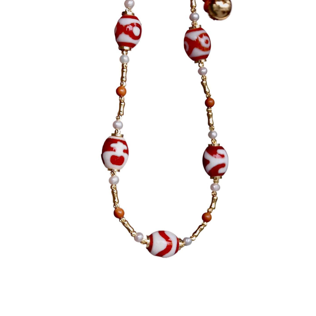 Aurafeng Red & White Dzi Bead Necklace with freshwater pearl accents