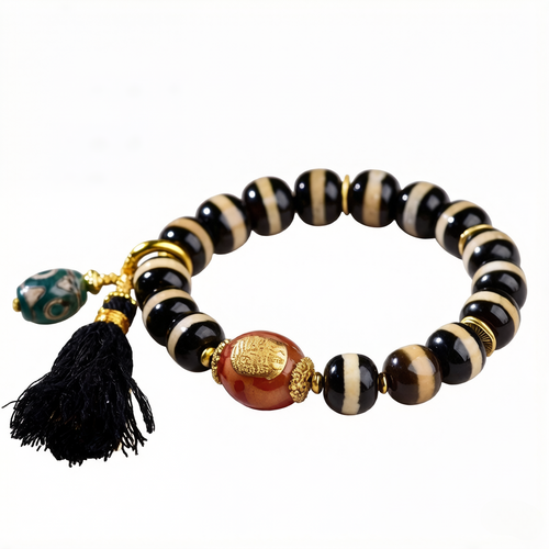 Aurafeng Tibetan Dzi Bead Bracelet with natural agate and 925 silver inlay