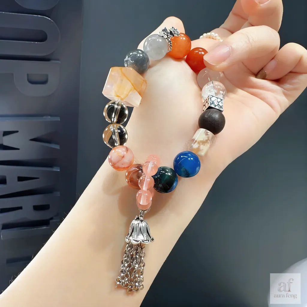 Color Block Phantom Quartz Bracelet - Tibetan Silver Tassel Amethyst Red Agate