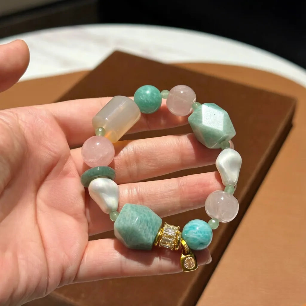Green Fairy Stone Bracelet - Natural Amazonite & Cherry Blossom Rose Quartz