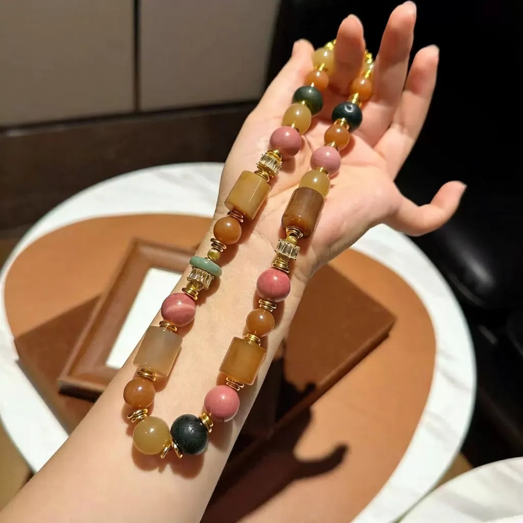 Natural Agate Red Rose Caramel Freeform Beaded Necklace - Boho Vintage