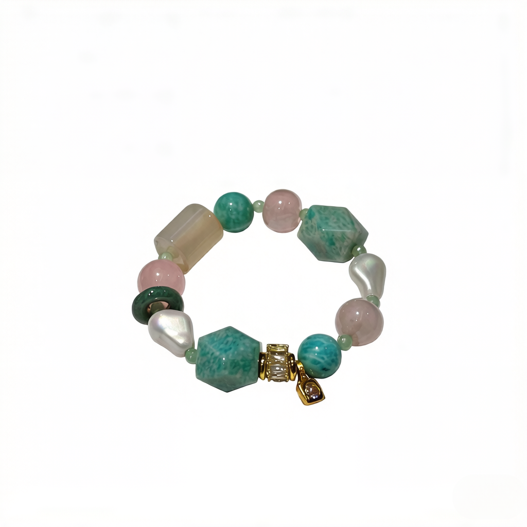 Green Fairy Stone Bracelet - Natural Amazonite & Cherry Blossom Rose Quartz