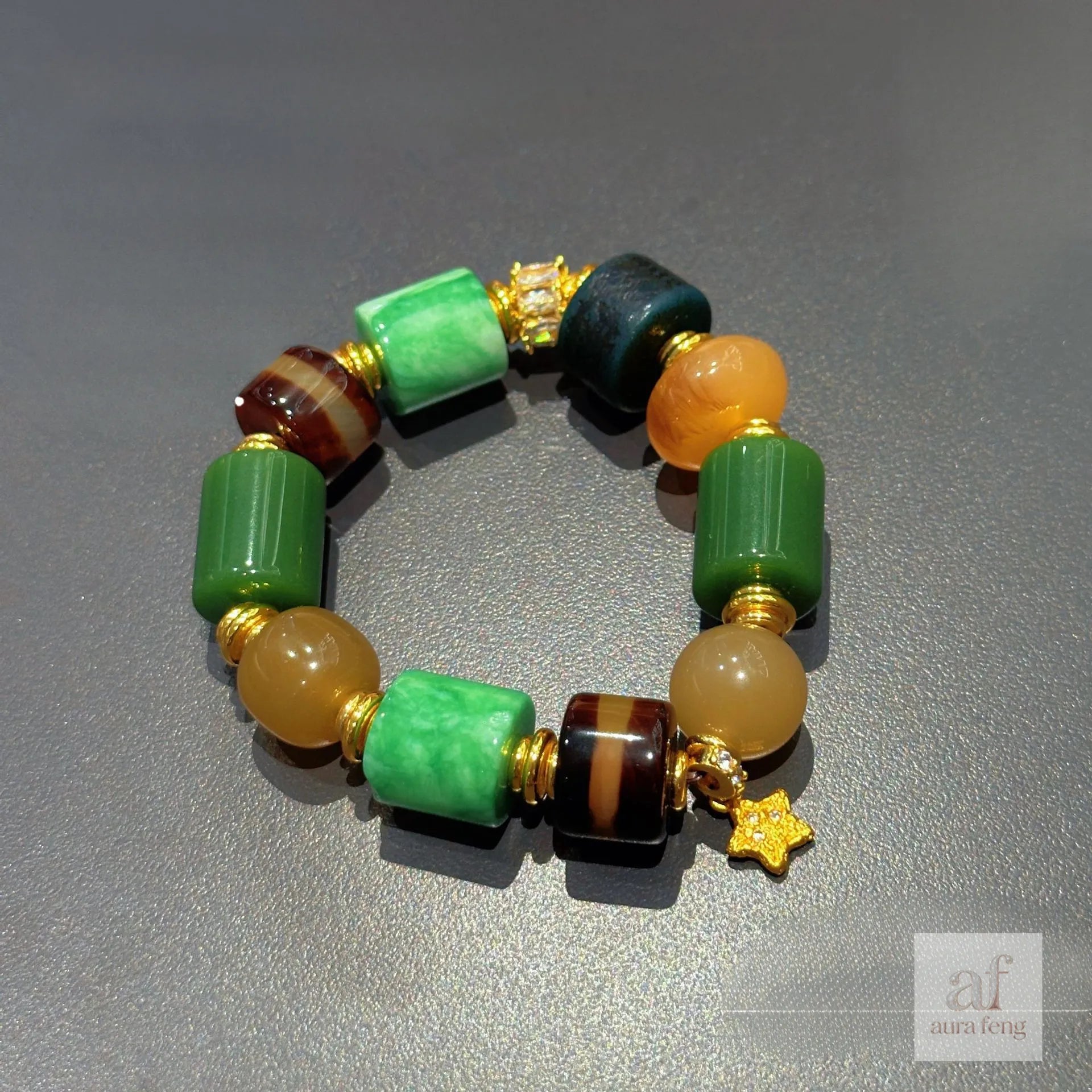 Agate & Green Jade Natural Stone Barrel Bead Bracelet - Vintage Chinese Style