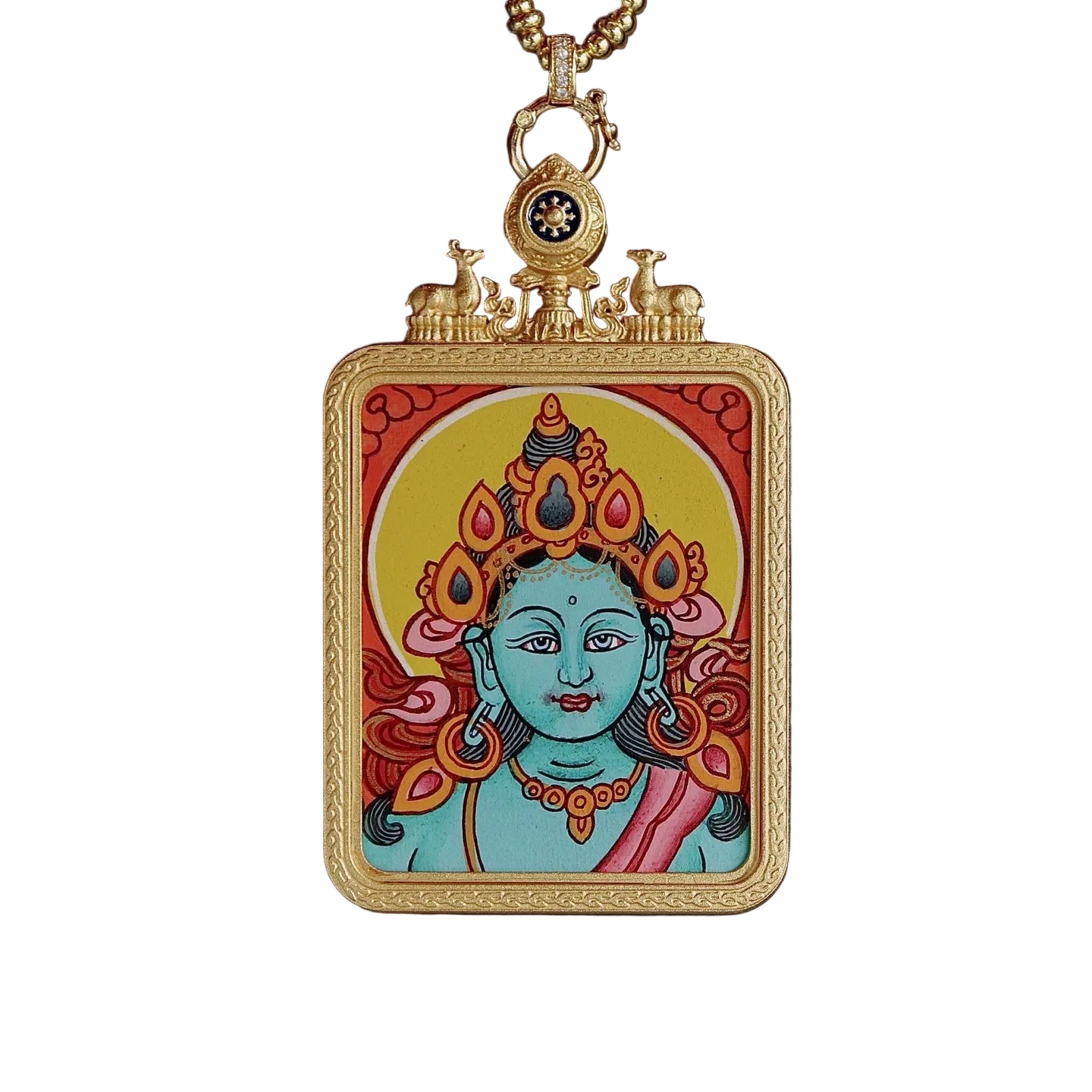 Green Tara Tibetan thangka necklace for compassion and protection