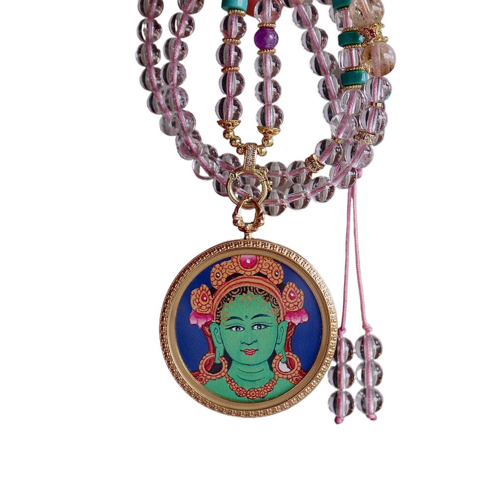 Green Tara Tibetan thangka necklace for compassion and protection