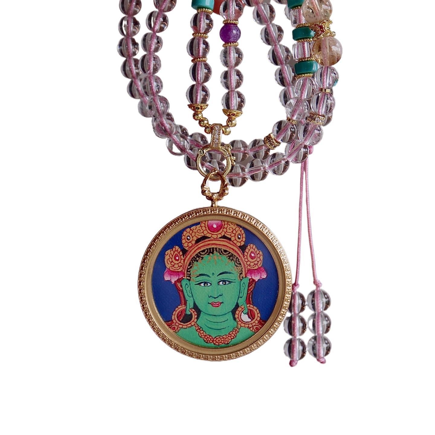 Green Tara Tibetan thangka necklace for compassion and protection