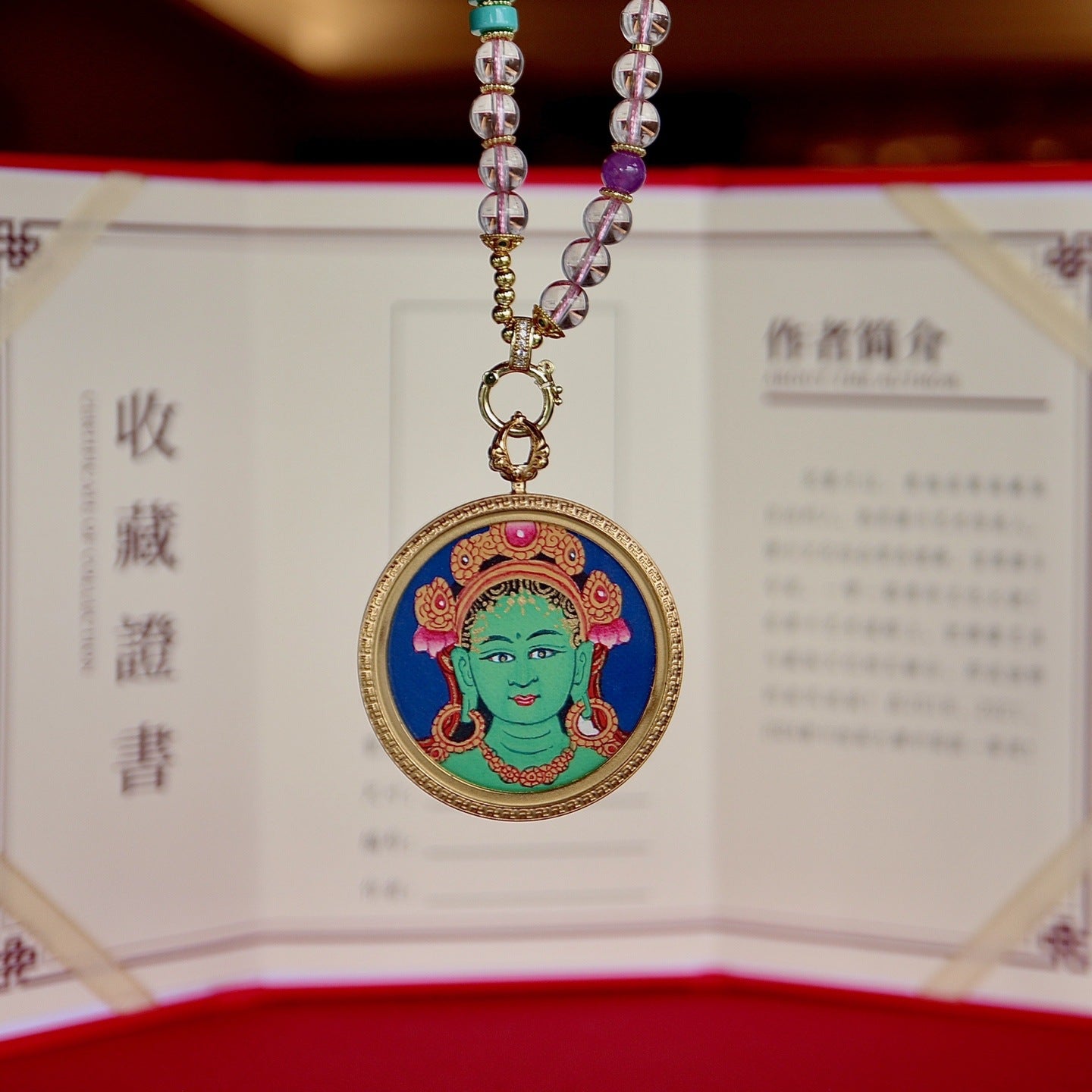 Green Tara Tibetan thangka necklace for compassion and protection