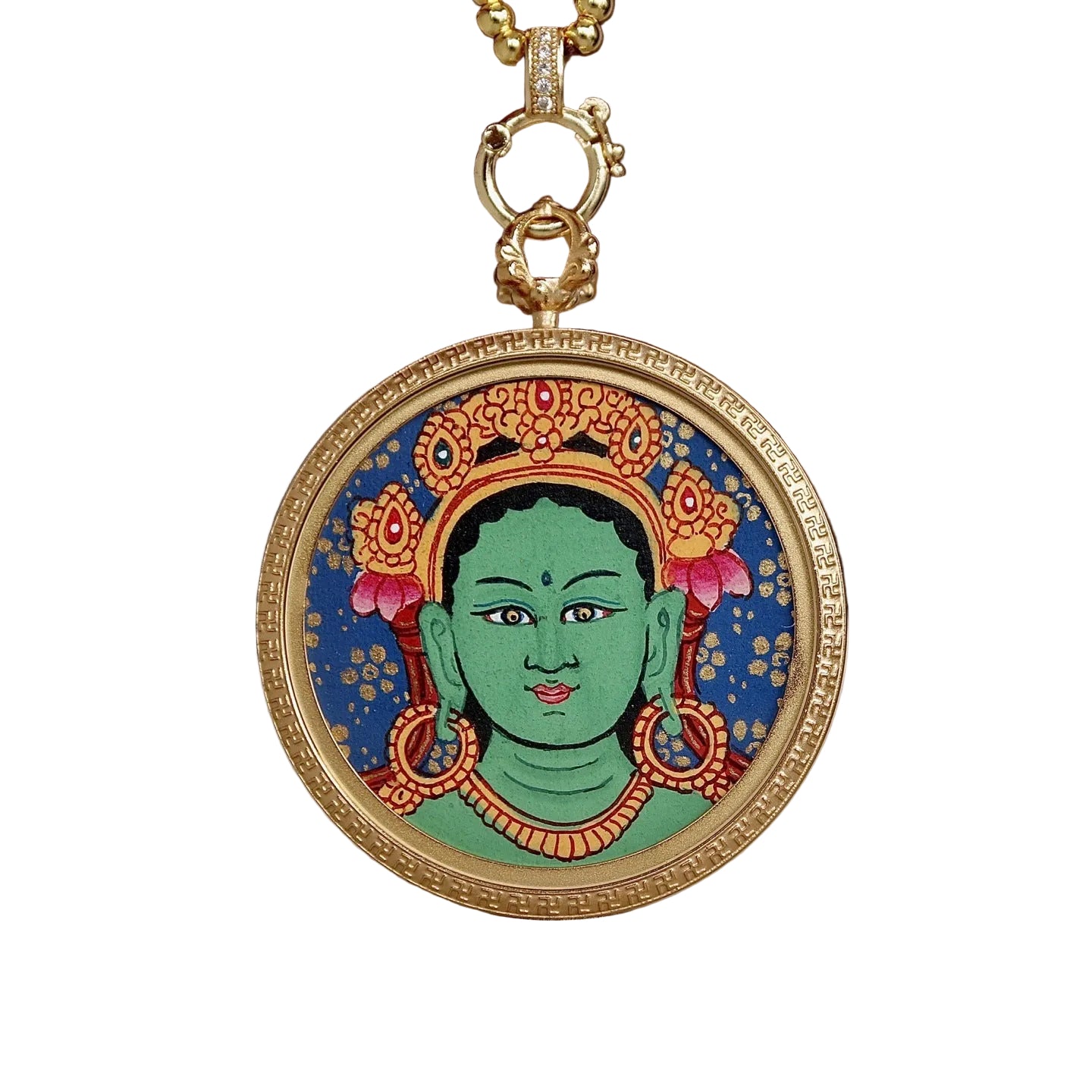 Green Tara Tibetan thangka necklace for compassion and protection