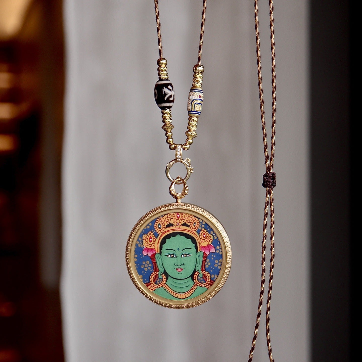Green Tara Tibetan thangka necklace for compassion and protection