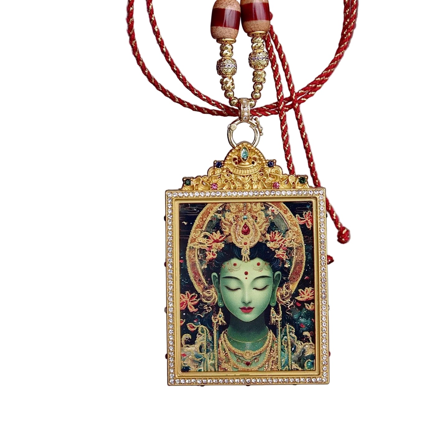 Green Tara pendant worn as Buddhist spiritual amulet