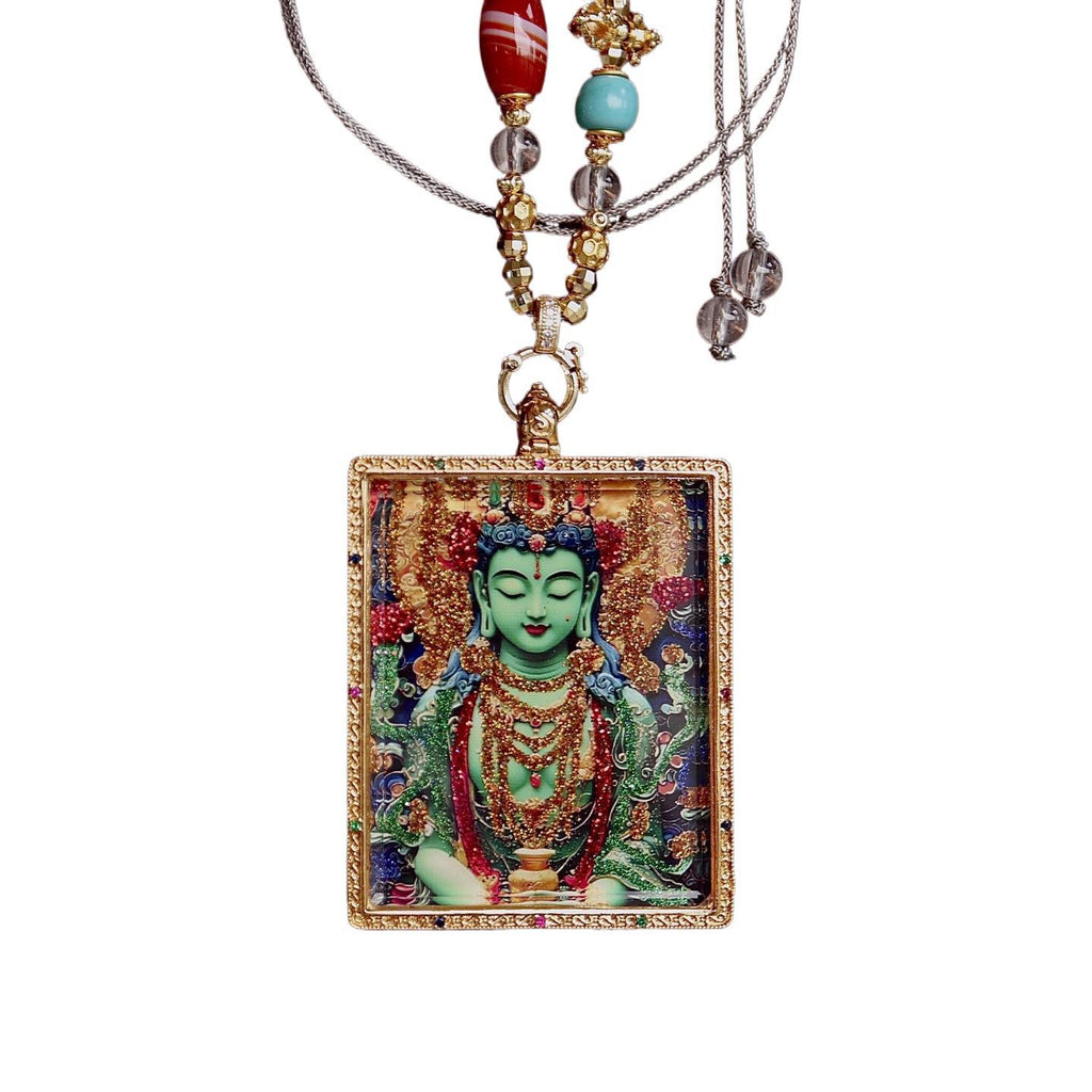 Green Tara Tibetan thangka necklace for compassion and protection
