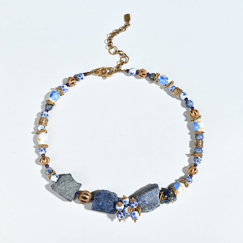 Handmade vintage lapis lazuli and blue porcelain necklace with raw stone accents, minimalist choker jewelry