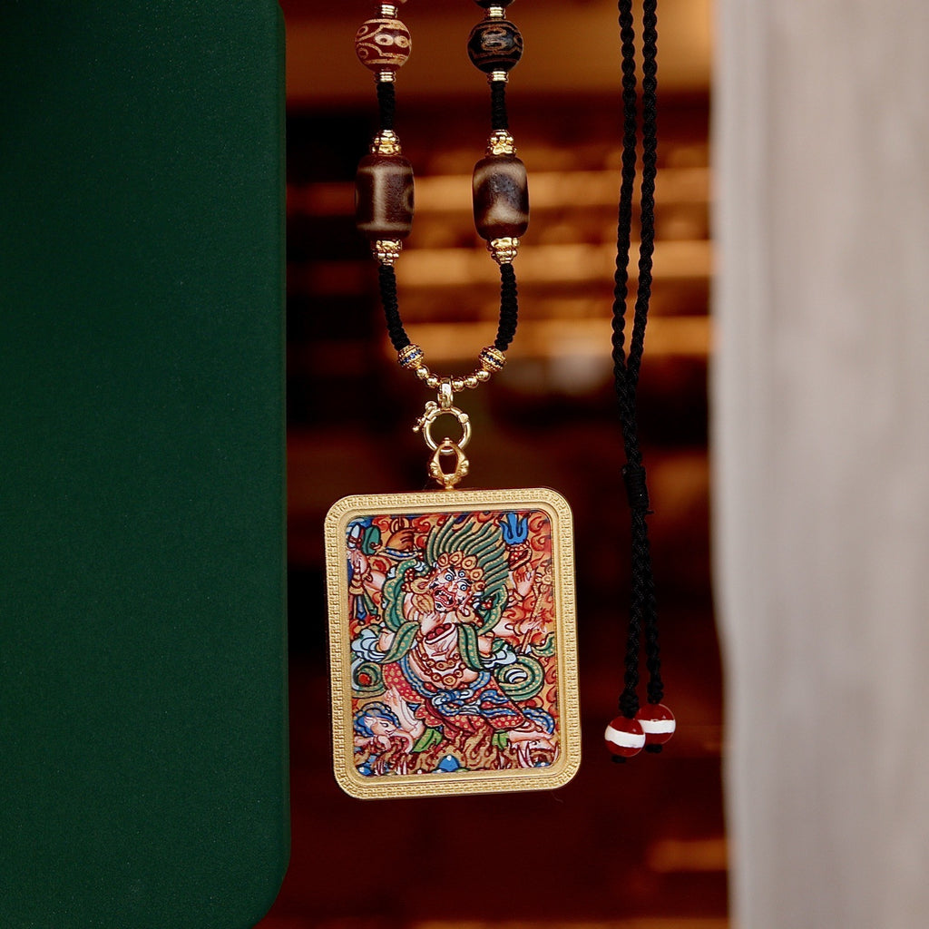 Re Gong hand-painted White Mahakala thangka gau box pendant with certificate