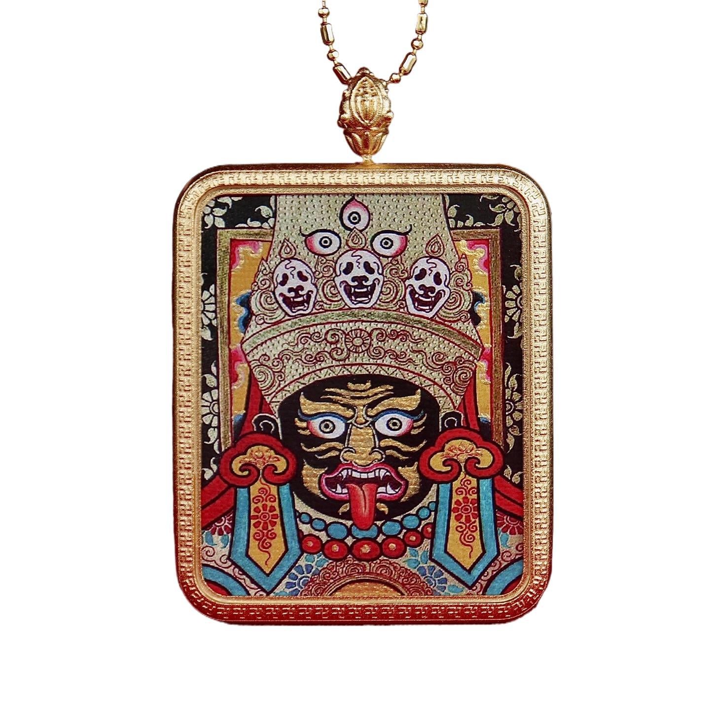 Regong hand-painted Zaki Lam Thangka pendant with lotus base Tibetan wealth amulet