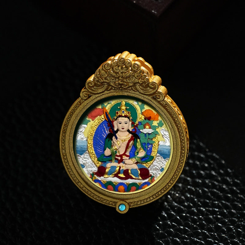 Thangka amulet necklace styled with bohemian spiritual decor