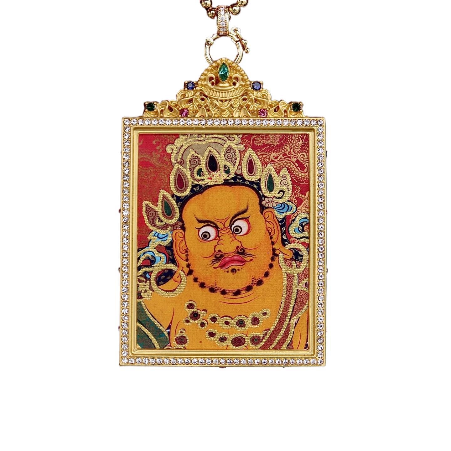 Hand-painted Yellow Jambhala thangka pendant necklace in double-sided titanium steel frame