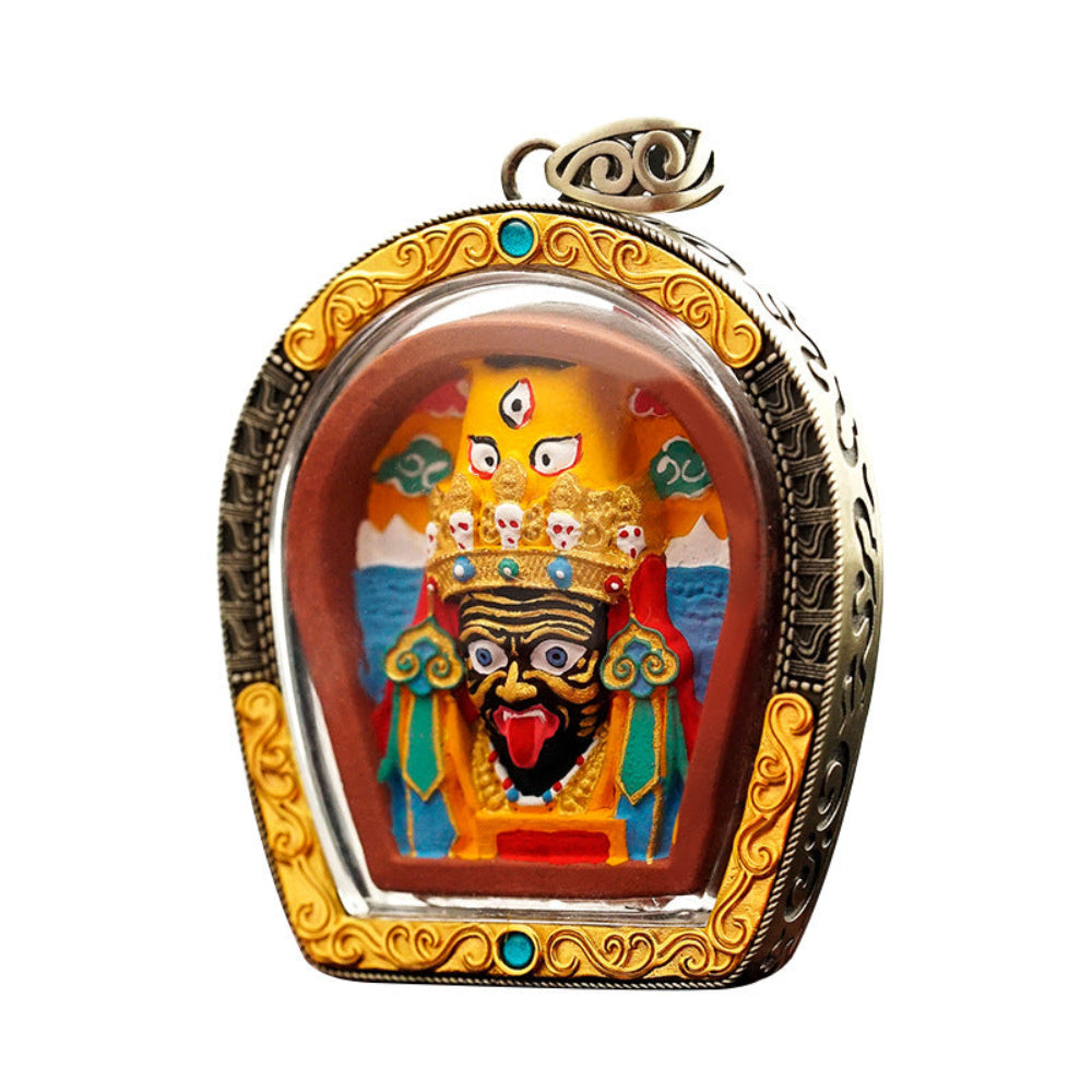 Hand-painted Yellow Jambhala thangka pendant necklace, Tibetan wealth and protection amulet jewelry